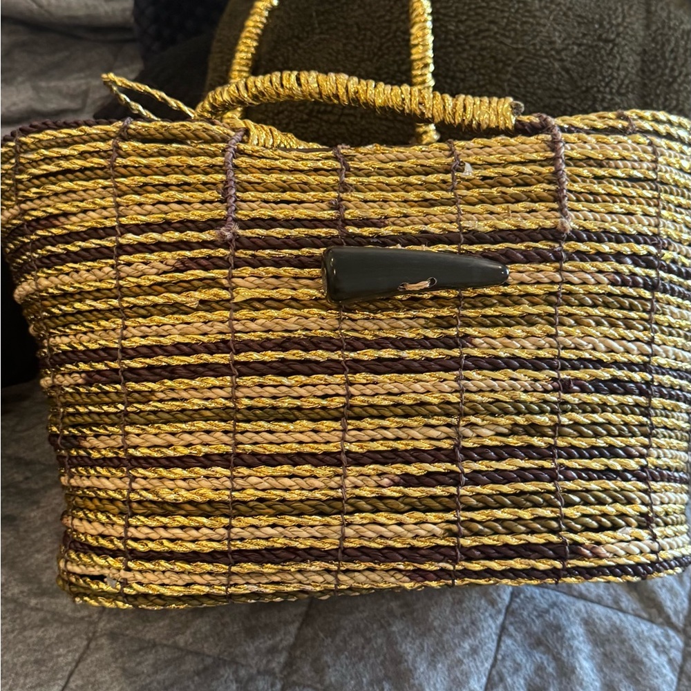Handcrafted mettalic gold and Brown Woven Tote market bag
